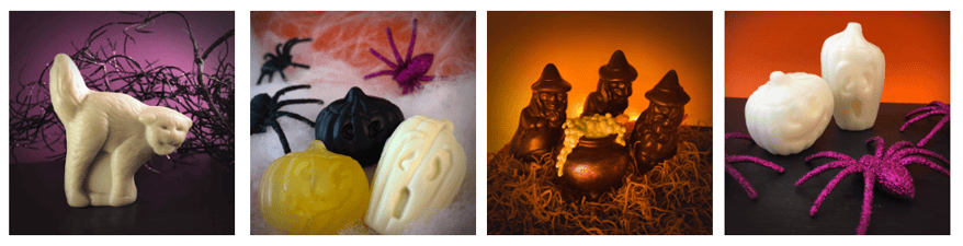 Four images depicting Halloween inspired scene photos using Twincraft Skincare's seasonal novelty soap dies in Halloween shapes such as cat, pumpkins, and witches.